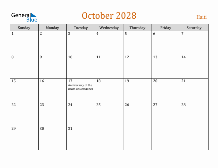 October 2028 Holiday Calendar with Sunday Start