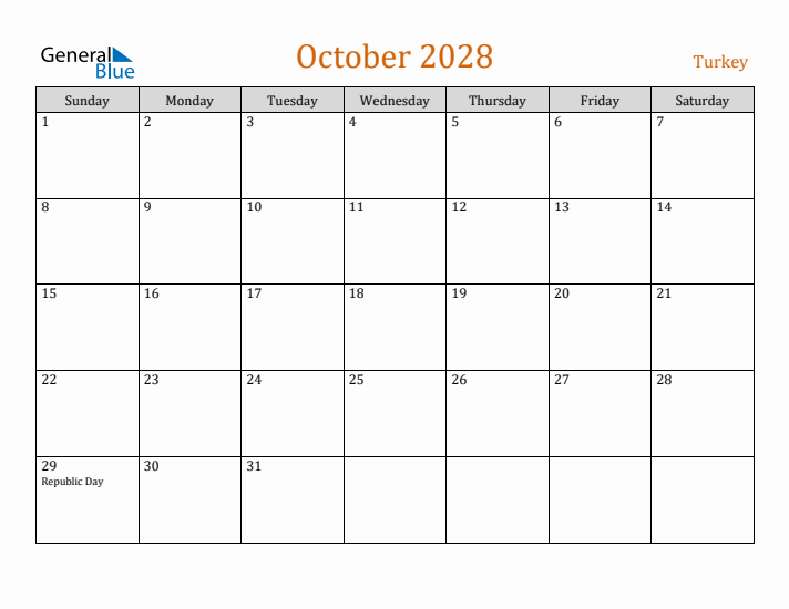 October 2028 Holiday Calendar with Sunday Start