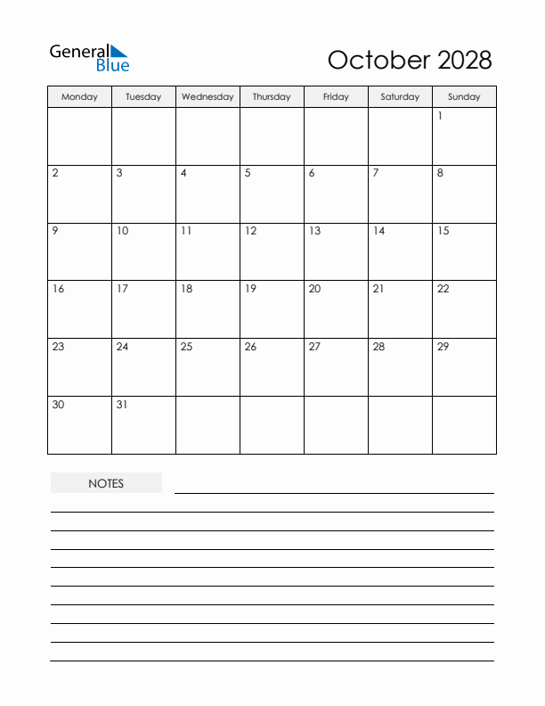 Printable Calendar with Notes - October 2028 