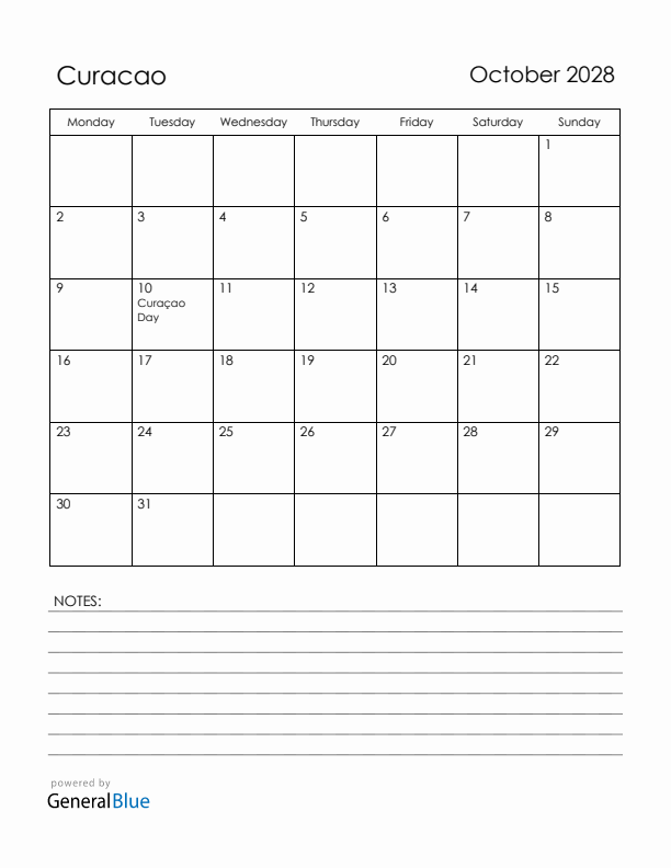 October 2028 Curacao Calendar with Holidays (Monday Start)