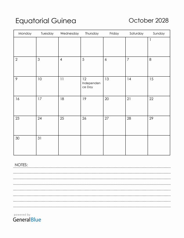 October 2028 Equatorial Guinea Calendar with Holidays (Monday Start)