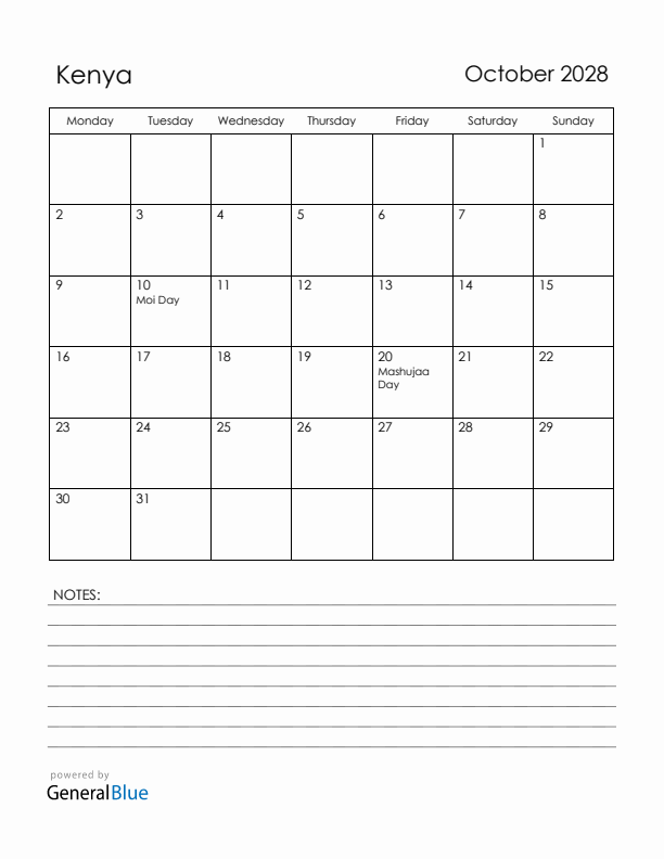 October 2028 Kenya Calendar with Holidays (Monday Start)
