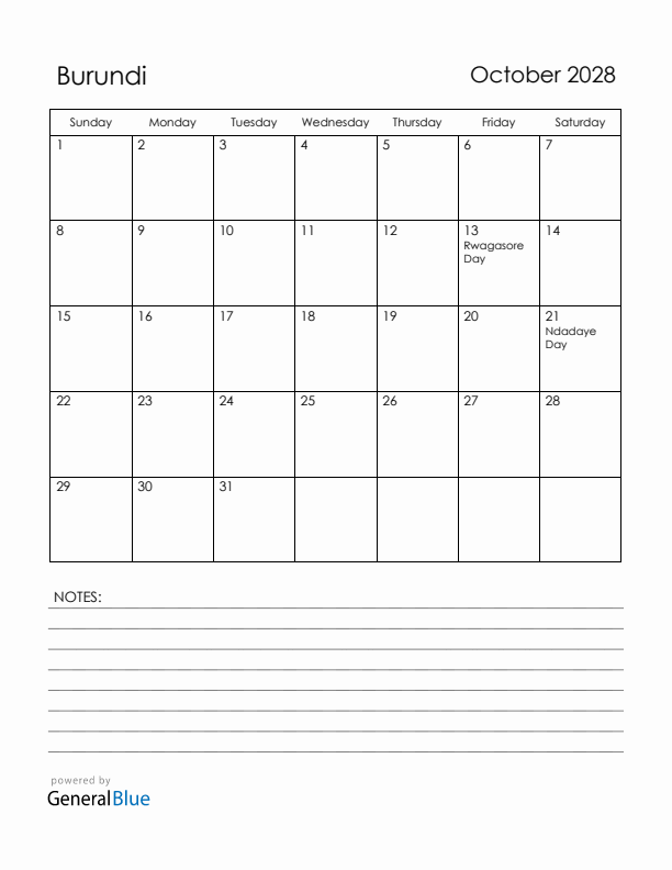 October 2028 Burundi Calendar with Holidays (Sunday Start)