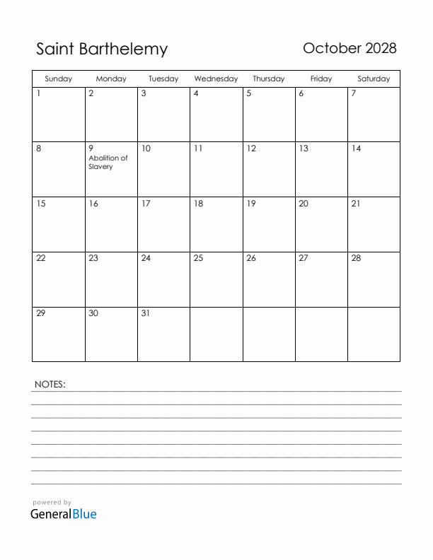 October 2028 Saint Barthelemy Calendar with Holidays (Sunday Start)