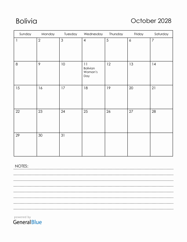 October 2028 Bolivia Calendar with Holidays (Sunday Start)