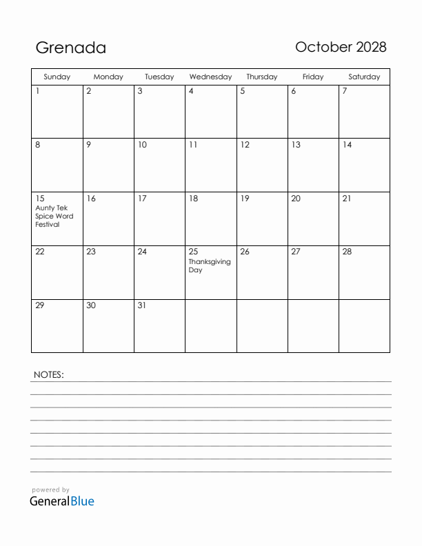 October 2028 Grenada Calendar with Holidays (Sunday Start)