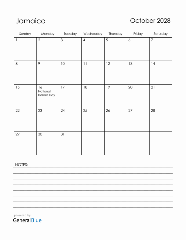 October 2028 Jamaica Calendar with Holidays (Sunday Start)