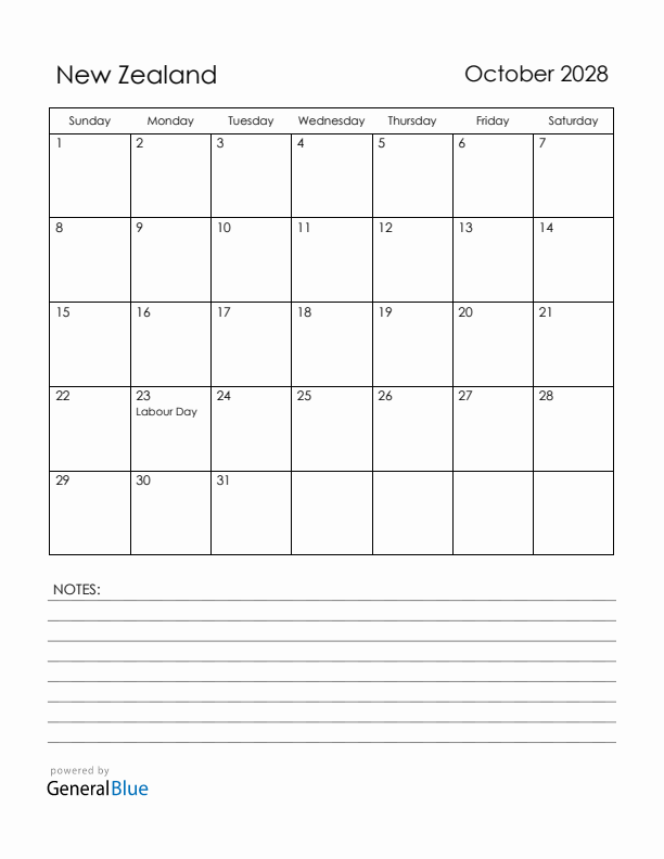 October 2028 New Zealand Calendar with Holidays (Sunday Start)