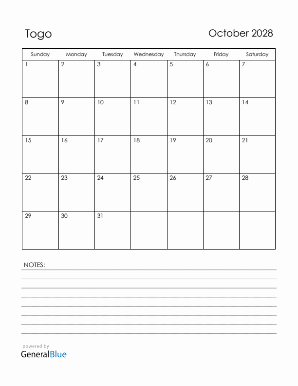 October 2028 Togo Calendar with Holidays (Sunday Start)