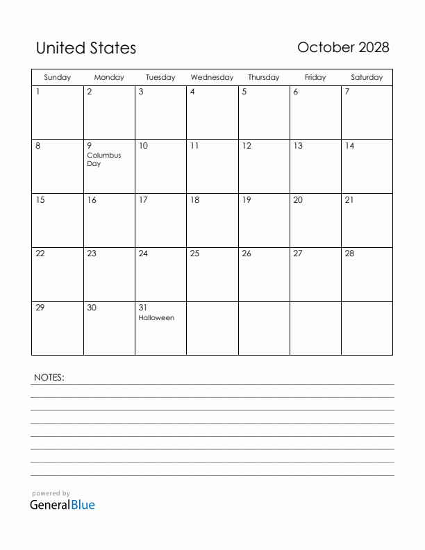 October 2028 United States Calendar with Holidays (Sunday Start)