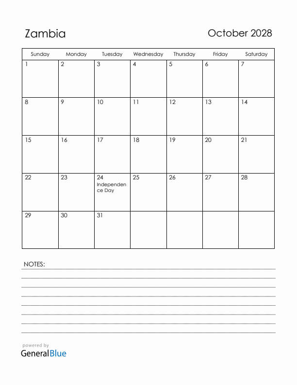 October 2028 Zambia Calendar with Holidays (Sunday Start)