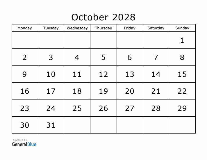 Printable October 2028 Calendar - Monday Start
