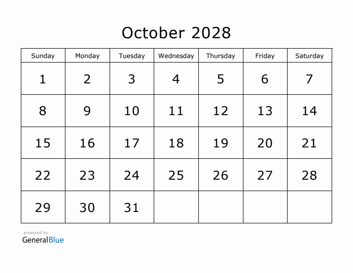 Printable October 2028 Calendar - Sunday Start