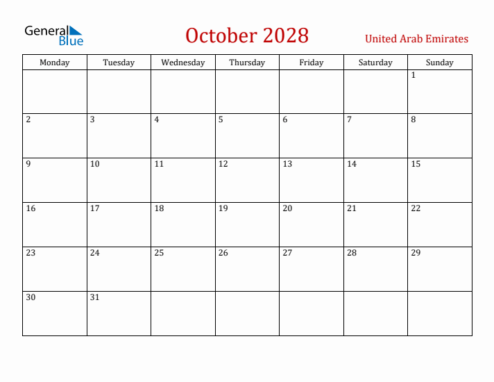 United Arab Emirates October 2028 Calendar - Monday Start