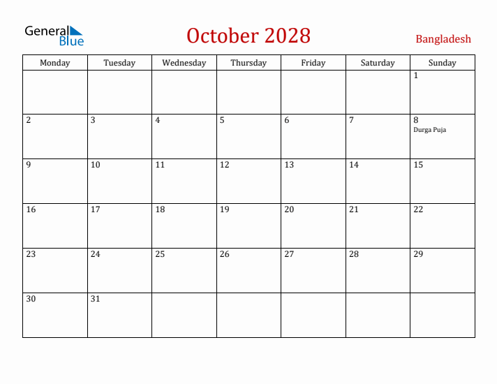 Bangladesh October 2028 Calendar - Monday Start