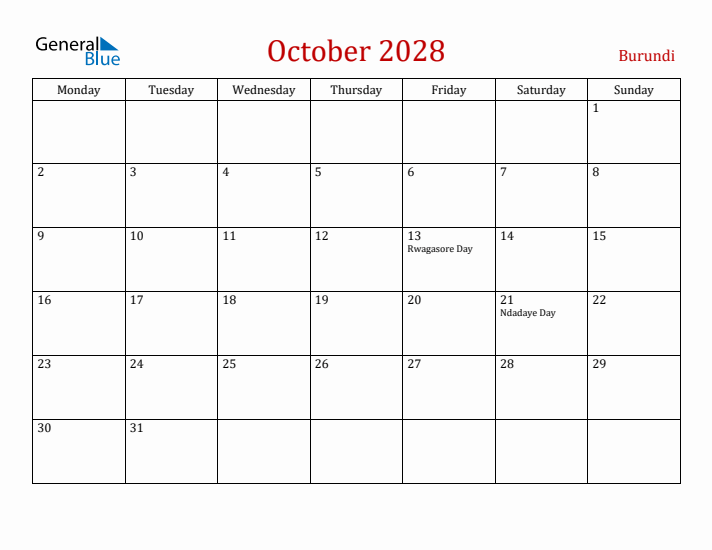 Burundi October 2028 Calendar - Monday Start
