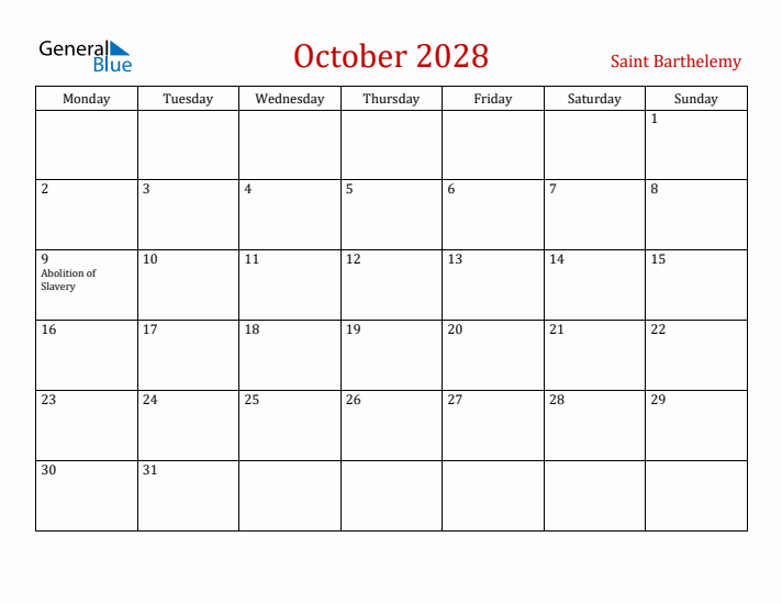 Saint Barthelemy October 2028 Calendar - Monday Start