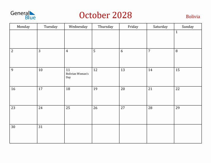 Bolivia October 2028 Calendar - Monday Start