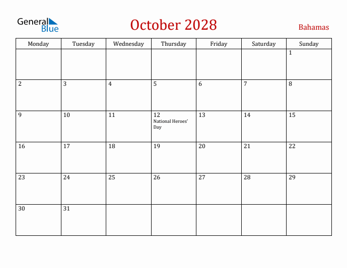 Bahamas October 2028 Calendar - Monday Start