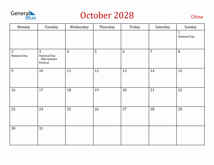 China October 2028 Calendar - Monday Start