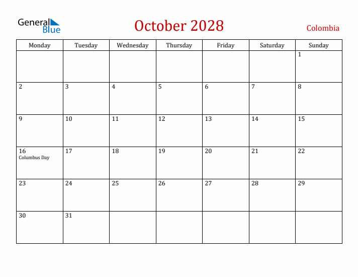 Colombia October 2028 Calendar - Monday Start