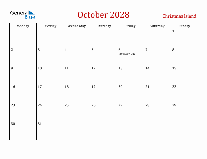 Christmas Island October 2028 Calendar - Monday Start