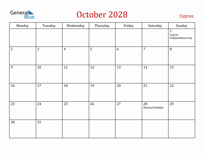 Cyprus October 2028 Calendar - Monday Start