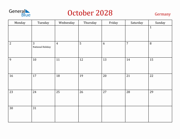 Germany October 2028 Calendar - Monday Start