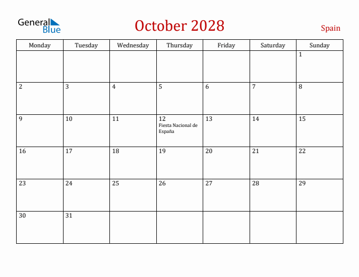 Spain October 2028 Calendar - Monday Start