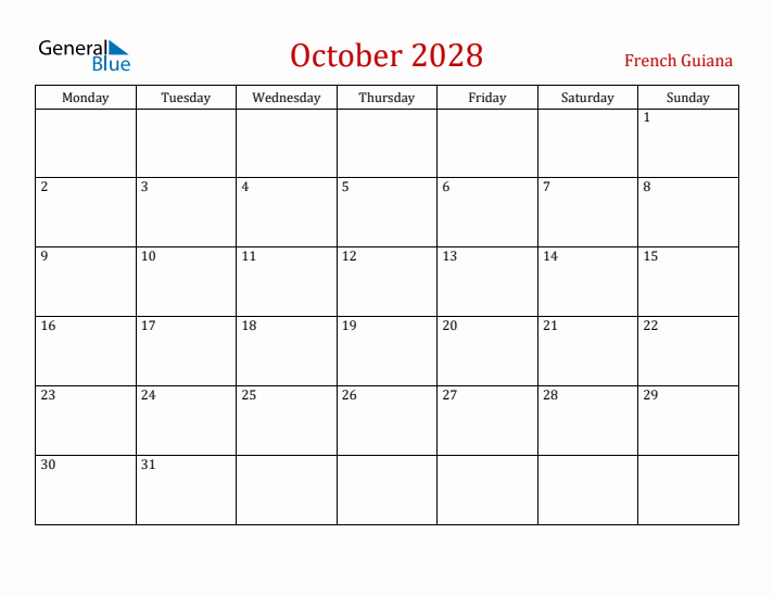 French Guiana October 2028 Calendar - Monday Start