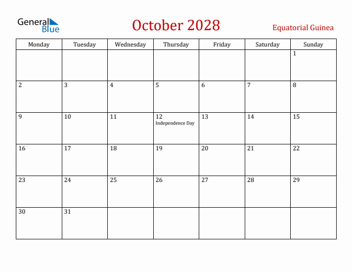 Equatorial Guinea October 2028 Calendar - Monday Start