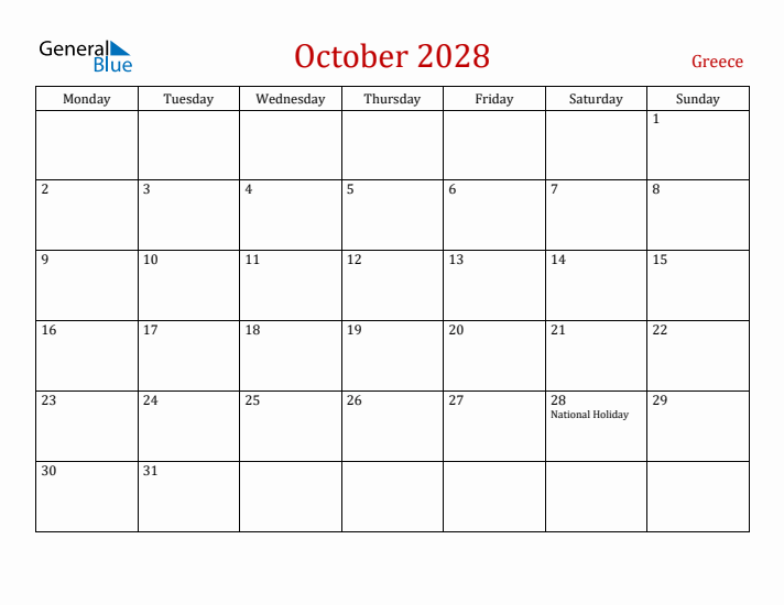 Greece October 2028 Calendar - Monday Start