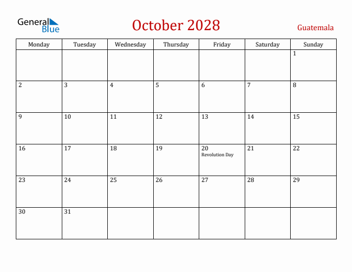 Guatemala October 2028 Calendar - Monday Start