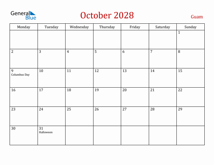 Guam October 2028 Calendar - Monday Start
