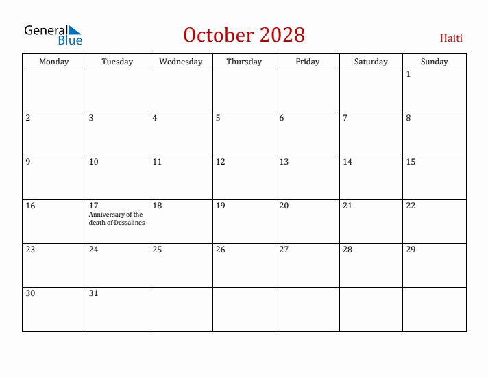 Haiti October 2028 Calendar - Monday Start