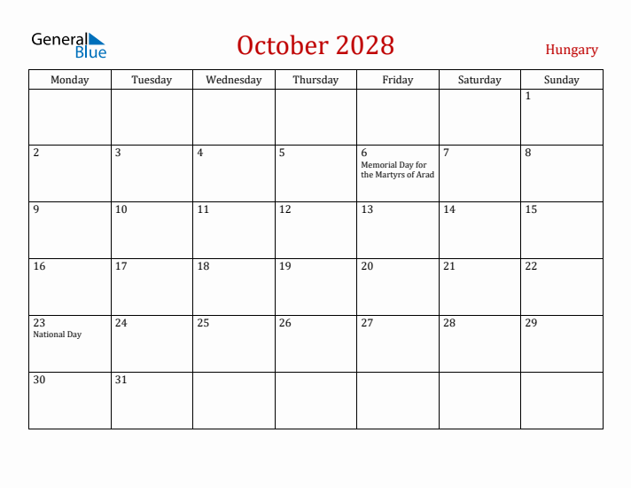 Hungary October 2028 Calendar - Monday Start