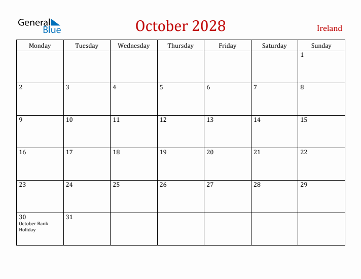 Ireland October 2028 Calendar - Monday Start