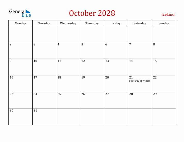 Iceland October 2028 Calendar - Monday Start