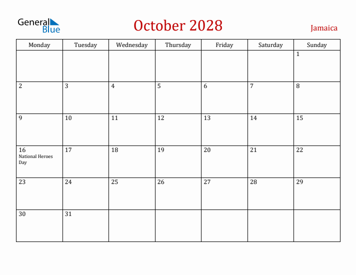Jamaica October 2028 Calendar - Monday Start
