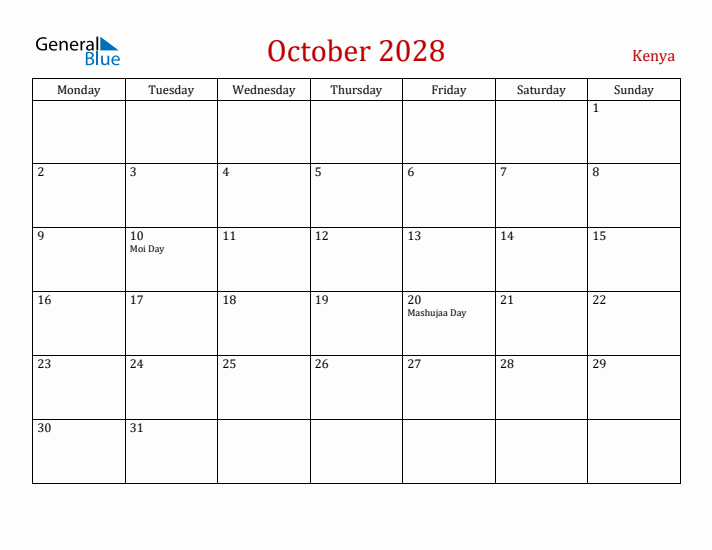 Kenya October 2028 Calendar - Monday Start