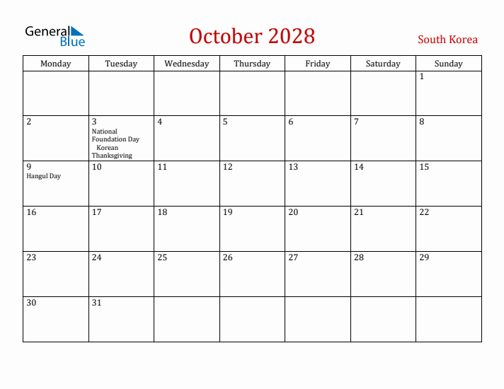 South Korea October 2028 Calendar - Monday Start