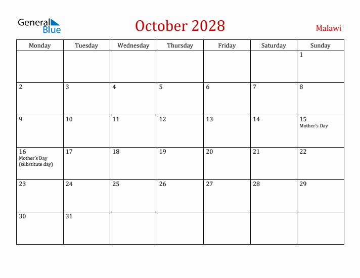 Malawi October 2028 Calendar - Monday Start
