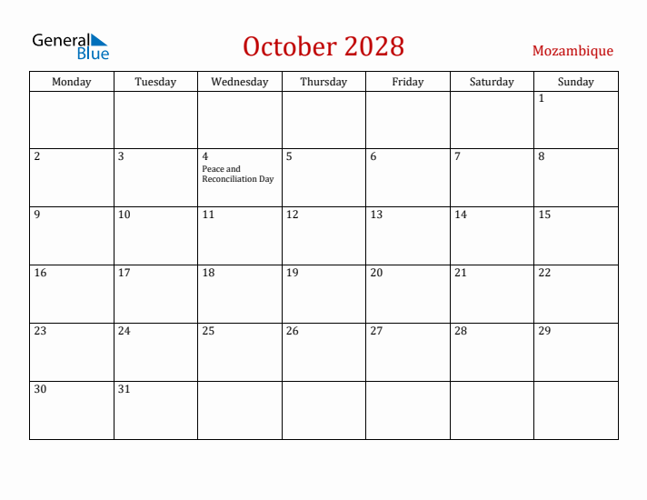 Mozambique October 2028 Calendar - Monday Start