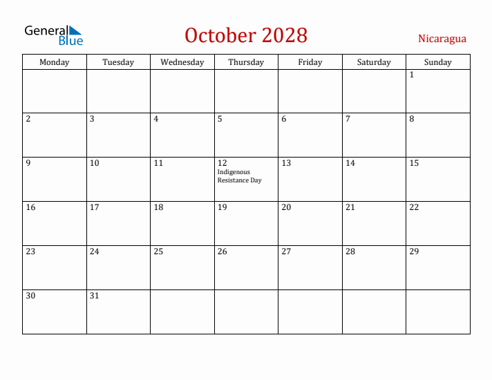 Nicaragua October 2028 Calendar - Monday Start