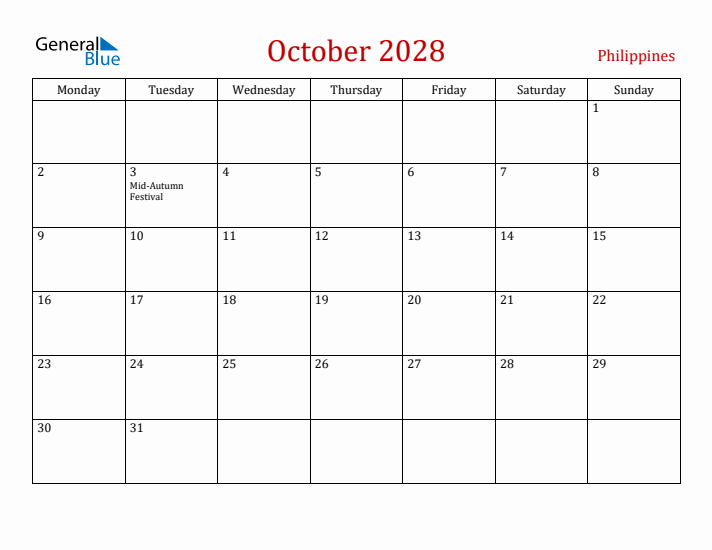 Philippines October 2028 Calendar - Monday Start