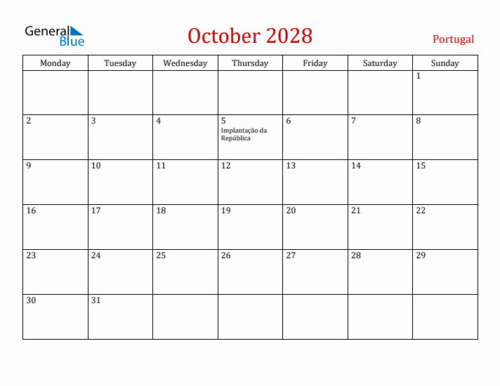 Portugal October 2028 Calendar - Monday Start