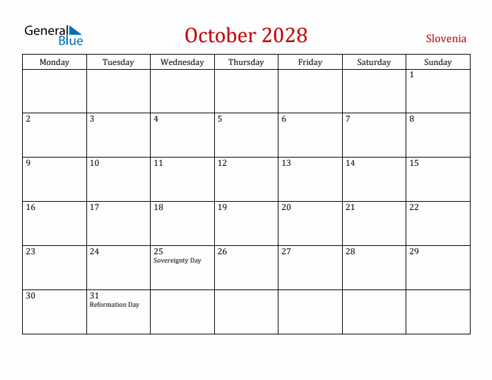 Slovenia October 2028 Calendar - Monday Start