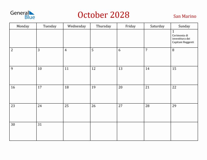 San Marino October 2028 Calendar - Monday Start