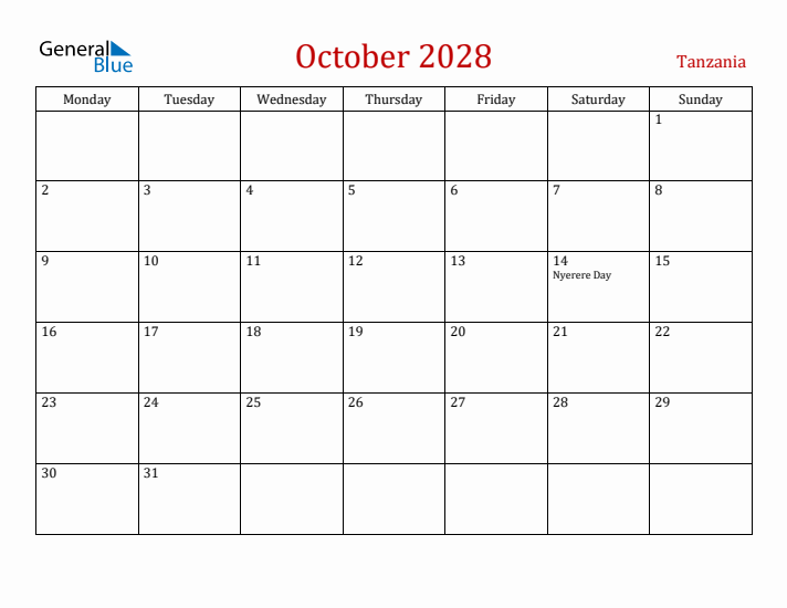 Tanzania October 2028 Calendar - Monday Start