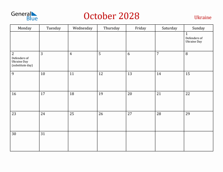 Ukraine October 2028 Calendar - Monday Start